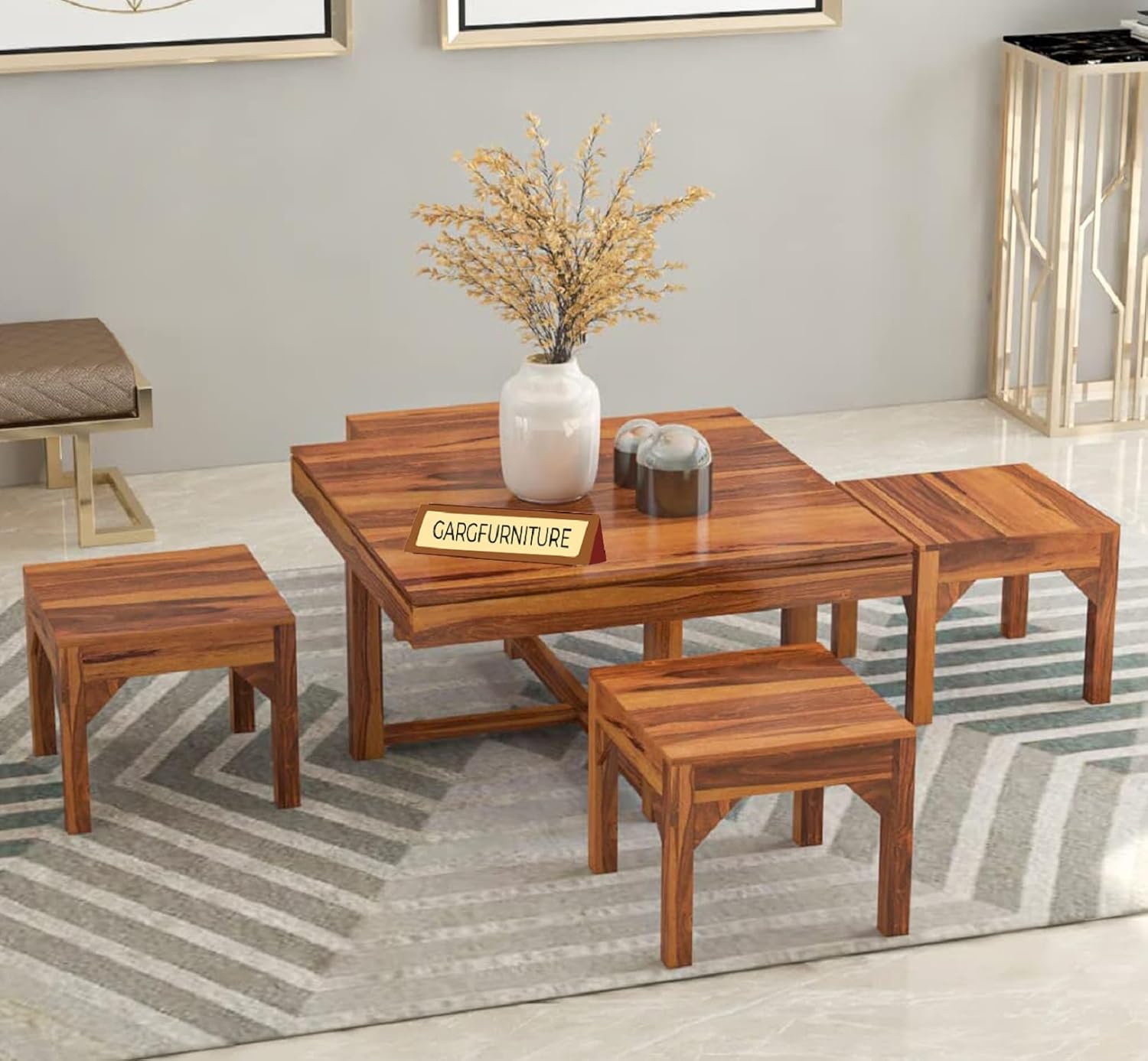 Sheesham Wood Coffee Table with Stools (Natural Teak Finish