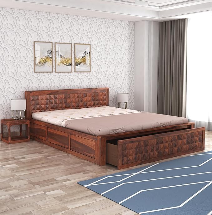 Sheesham Wood King Size Bed with Front Opening Drawer Storage Solid Wood Double Bed Wooden Cot Palang for Bedroom Living Room (Honey Finish)
